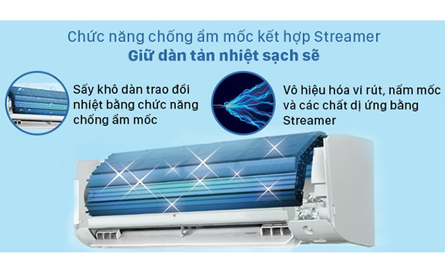 Công nghệ Streamer kết hợp tính năng chống ẩm mốc giữ dàn lạnh luôn sạch sẽ. 