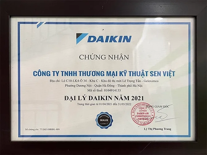 Chứng nhận đại lý daikin proshop Sen Việt 2021