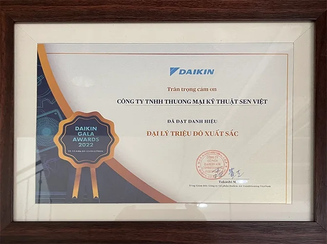 Chứng nhận dại lý triệu đô Daikin Sen Việt 2022